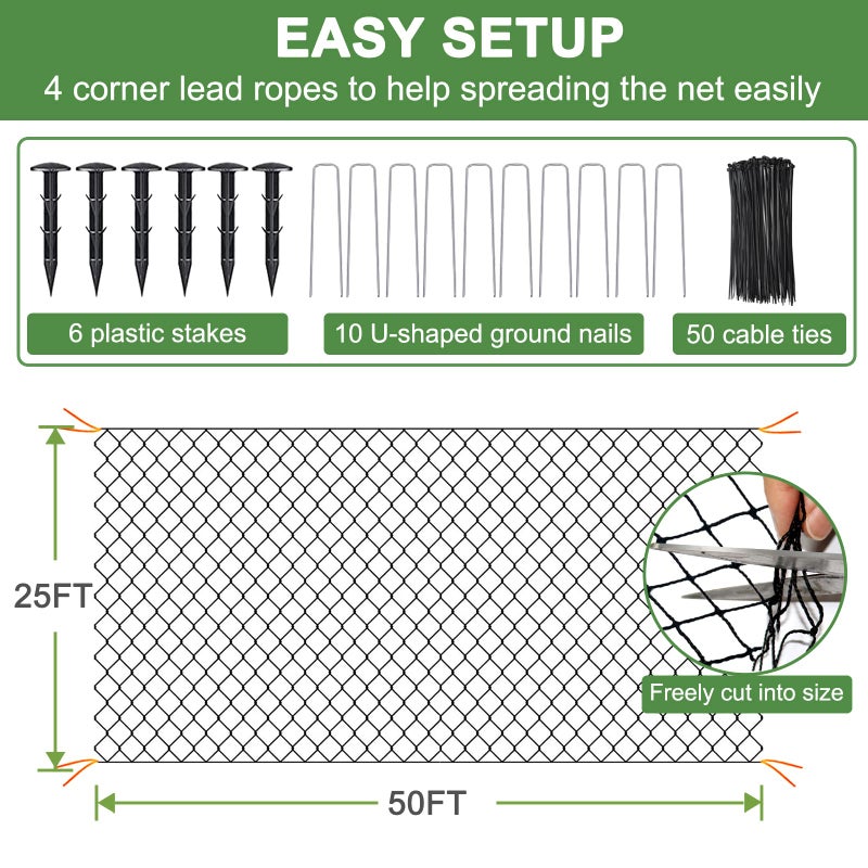 DQS Bird Net - 25' x 50' Garden Netting with 2.4" Square Mesh Protect Fruit Tree, Plant and Vegetables from Poultry, Deer and Pests, Heavy Duty Bird Netting for Garden, Farm, Orchard - Image 3